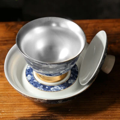 Taza Jingdezhen Tureen de porcelana azul y blanco Gaiwan de plata de ley 999 Foto 1 de 4
