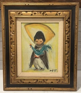 Dipinto olio Ted DeGrazia "Ragazzo con gallo" arte nativi americani sud-ovest - Foto 1 di 9