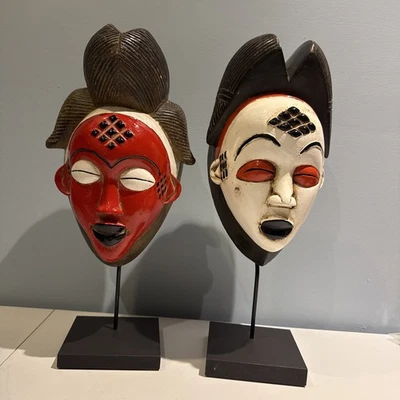 2 African Punu Painted Mask Antique Wood Hand Carved Face Ritual Art-G4408  - Image 1 of 4