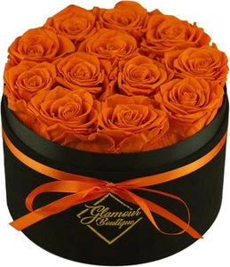 Flowers Forever Gift Box 12 Real Preserved Roses in a Velvet Black Orange-bb - Picture 1 of 9