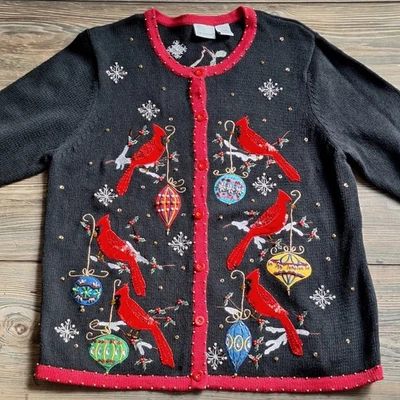 Cárdigan Suéter Grande Navidad Cardenales Rogers De Colección Kim Rogers Adornado con Cuentas Rojo Foto 1 de 4
