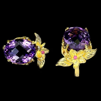 Anillo de plata de ley 925 amatista ovalada 18x14 mm rubí piedras preciosas flor joyería talla 6 Foto 1 de 4