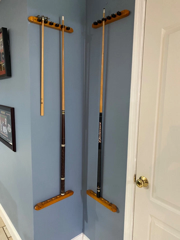 6 Tacos 2 Piezas Madera Montado en la Pared Billar Piscina Taco Palo Soporte Madera de Roble Foto 1 de 4