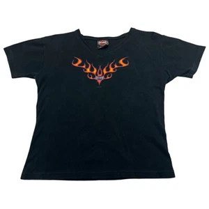 Vtg Y2K Harley Davidson Womens Large Graphic T Shirt V Neck Flames Maryland - Picture 1 of 12