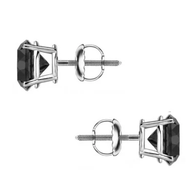 2 Ct Round Real 14K White Gold Black Created Diamond Earrings Studs Screw Back - Image 1 of 3