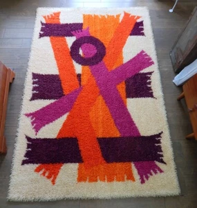 Mid Century Abstrakt Geometrisch Wandbehang Kunst Shag Teppich 4x6 Lila Orange 70er - Bild 1 von 5