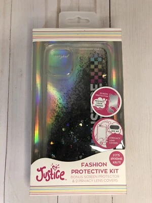 Justice iPhone 11 Moda Kit Protector Corazones Flotantes Brillo Estuche y Protector Foto 1 de 2