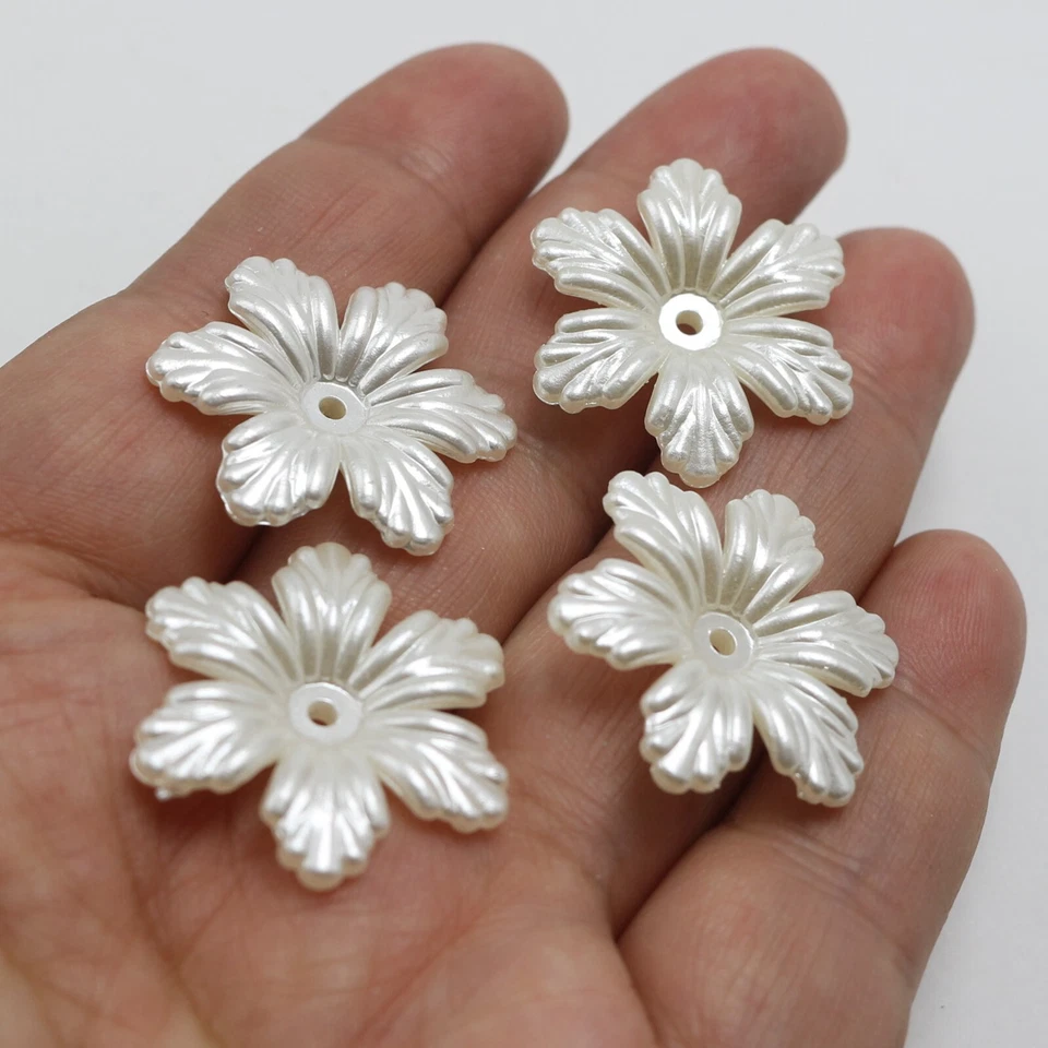 50 pcs Ivory Acrylic Pearl 6-Petals Flower Bead Caps 1.1" Center Hole Sewing - Image 1 of 4