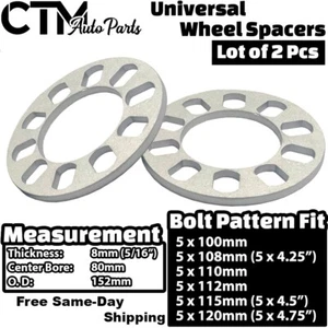 2x 8mm(5/16") Thick 5x4.5 (5x115) Universal Wheel Spacer Fit Acura Honda Kia Hyu - Picture 1 of 4