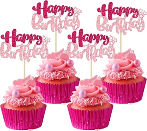 24Pcs Happy Birthday Cupcake Toppers Double Layer Glitter Happy Birthday Cake De - Picture 1 of 12