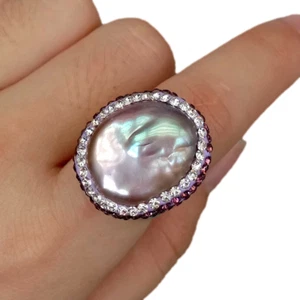 Cultured Purple Keshi Pearl Ring Crystal Pave Adjustable Plated Ring Wedding - Picture 1 of 6