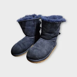 UGG Boots Bailey Bow Shearling Booties Girls Size 3 Blue Suede Sheepskin Fur - Picture 1 of 10