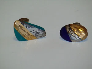 Vintage Gold & Silver Glazed Porcelain Brooch Pin Artisan Signed Lot of 2 - Picture 1 of 10