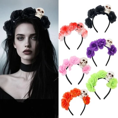 Ladies Mexican Day Of The Dead Headband Halloween Skull Rose Flower Headpiece - image 1 of 4