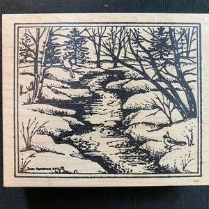 Snowy Country Stream Rubber Stamp Cardinals Trees Holiday Landscape - Picture 1 of 4