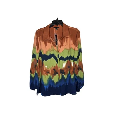 Blusa Top Investments Mujer XL Marrón Verde Azul Manga Larga Túnica Suroeste Foto 1 de 4