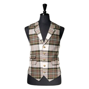 Mens Vest 42R Green Ivory Brown Plaid Wool Waistcoat Large Formal Wedding Party - Picture 1 of 10