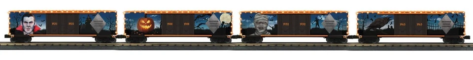 MTH 30-70149 O Gauge RailKing Halloween 4-Car 50’ Double Door Plugged Boxcar Set - Image 1 of 1