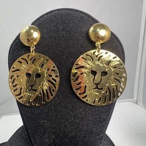 Vintage Anne Klein Logo Lion Head Gold Tone Dangle Pierced Earrings - Picture 1 of 3