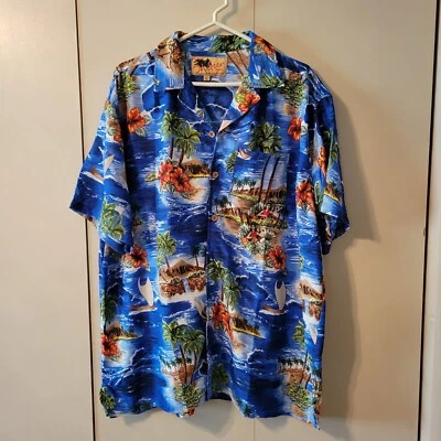 Hawaiian Shirt XXL In Gear Mens Hula Girl Sailboats Wood Buttons Palm Trees Cool - Image 1 of 4