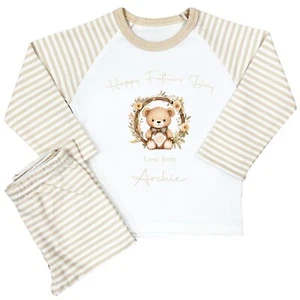 Personalised Boys Girls Fathers Day Pyjamas Beige Stripe Teddy Bear PJs Gift - Picture 1 of 2