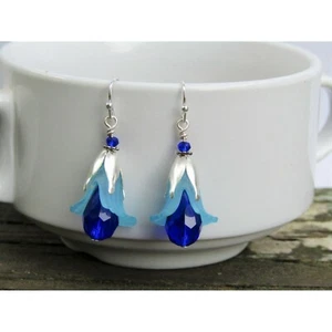 Handmade Blue Lucite Crystal Flower Earrings-Teardrop Beads-Ladies Fashion