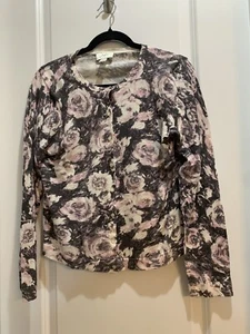 Loft Cardigan Sweater 100% Cotton Button Long Sleeves Large Gray/pink Roses - Picture 1 of 6