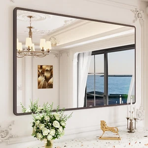 New Upgrade 55X36 Inch Wall Mounted Bathroom Mirror, Black Metal Frame Rounded R - Picture 1 of 7