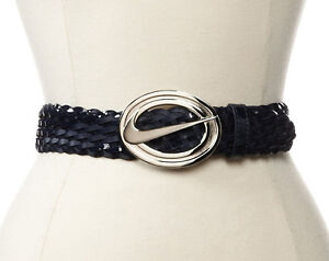 Nike Women's Swoosh Logo Cutout Braided Leather Belt Obsidian Blue Small 30-34"