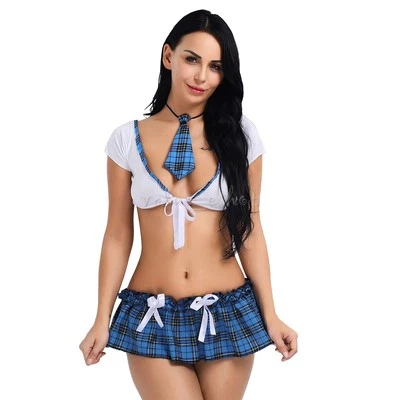 White&Blue Women School Girl Uniform Crop Top Mini Skirt Costume Fancy Outfits - Image 1 of 4