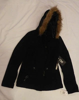 WOMENS JUNIOR YMI SMALL FAUX FUR LINED BLACK COAT DETACHABLE HOOD NWT $84 - Image 1 of 4