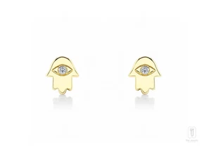 Oro 14K 1,6 Gms. Pendientes de diamantes con ojo de Hamsa símbolo de mano - Imagen 1 de 5