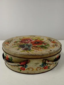 Vintage Floral Tin Container with Handles – Round Decorative Metal Box with Need - Picture 1 of 7