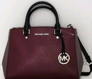 🌞MICHAEL KORS SUTTON MERLOT CINDER BLACK SAFFIANO LEATHER MD SATCHEL BAG🌺NWT! - Picture 1 of 19