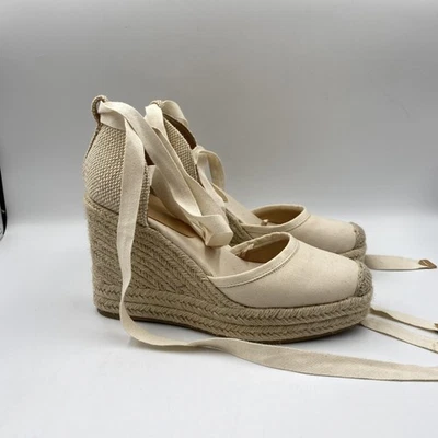 Express Alpargata Cuña Zapatos Mujer Talla 7 Beige Tobillo Envoltura Con Cordones Plataforma Foto 1 de 4