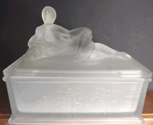 Bohemian Glass Art Nouveau Nude Woman Reclining Trinket Jar Sport Scenes - Picture 1 of 24