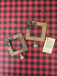 Rustic Metal Picture Frame Set Of 2 Hanging Christmas ornament bell & Poinsettia - Picture 1 of 5