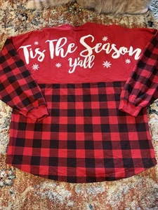 Spirit Jersey Black Red Plaid “‘Tis The Season Y’all” Christmas Long Sleeve Med - Picture 1 of 15