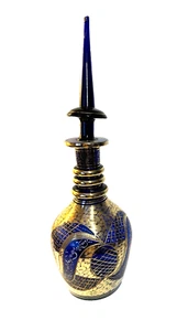 *Vintage Bohemian Czech Cobalt blue Hand Painted Gold Glass Large Decanter 22" - Picture 1 of 11