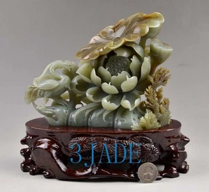 Natural Hetian Nephrite Jade Lotus Flower Statue Sculpture Carving w/certificate - Picture 1 of 9