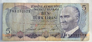 BES TURK LIRASI, 5 LIRE TURCHE, TURCHIA, TURKIYE CUMHURIYET MERKEZ BANKASI - Picture 1 of 2