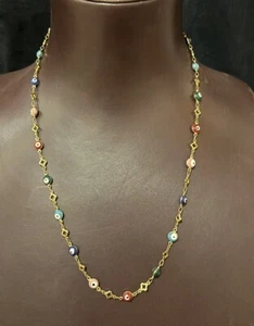 Evil Eye Station Chain Necklace 22” Adjustable Quatrefoil Link Gold Plated - Picture 1 of 4