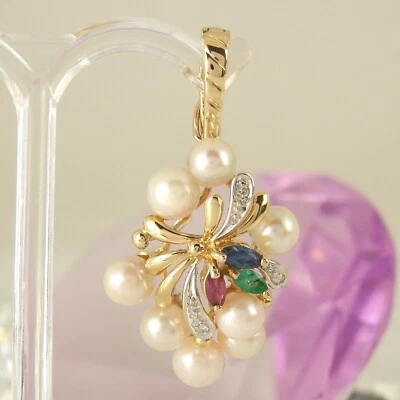Anhänger 585 Gelbgold 14K 8 Akoya Zuchtperlen Saphir Rubin Smaragd Diamanten - Bild 1 von 4