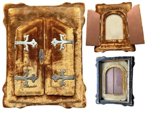 Antiker viktorianischer Bilderrahmen orange Samt 2 Türen mit Scharnier - Bild 1 von 16