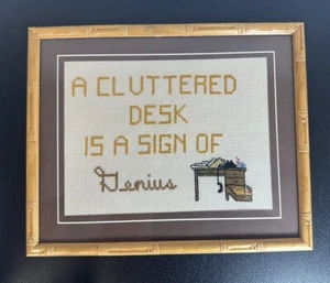 Vintage “A Cluttered Desk”  Cross Stitch Embroidery Framed Wall Art Faux Bamboo - Picture 1 of 4