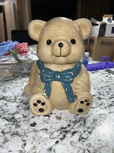 Brown Teddy Bear Blue Bow Ceramic Cookie Jar Vintage - Picture 1 of 1