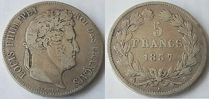 FRANCE 1837	5 FRANCS LOUIS PHILIPPE I ROUEN MINT SILVER COIN - Picture 1 of 3
