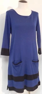 JOAN VASS 100% COTTON BLUE W BLACK TRIM & POCKETS 3/4 SLEEVE DRESS SIZE 1 - SM - Picture 1 of 5
