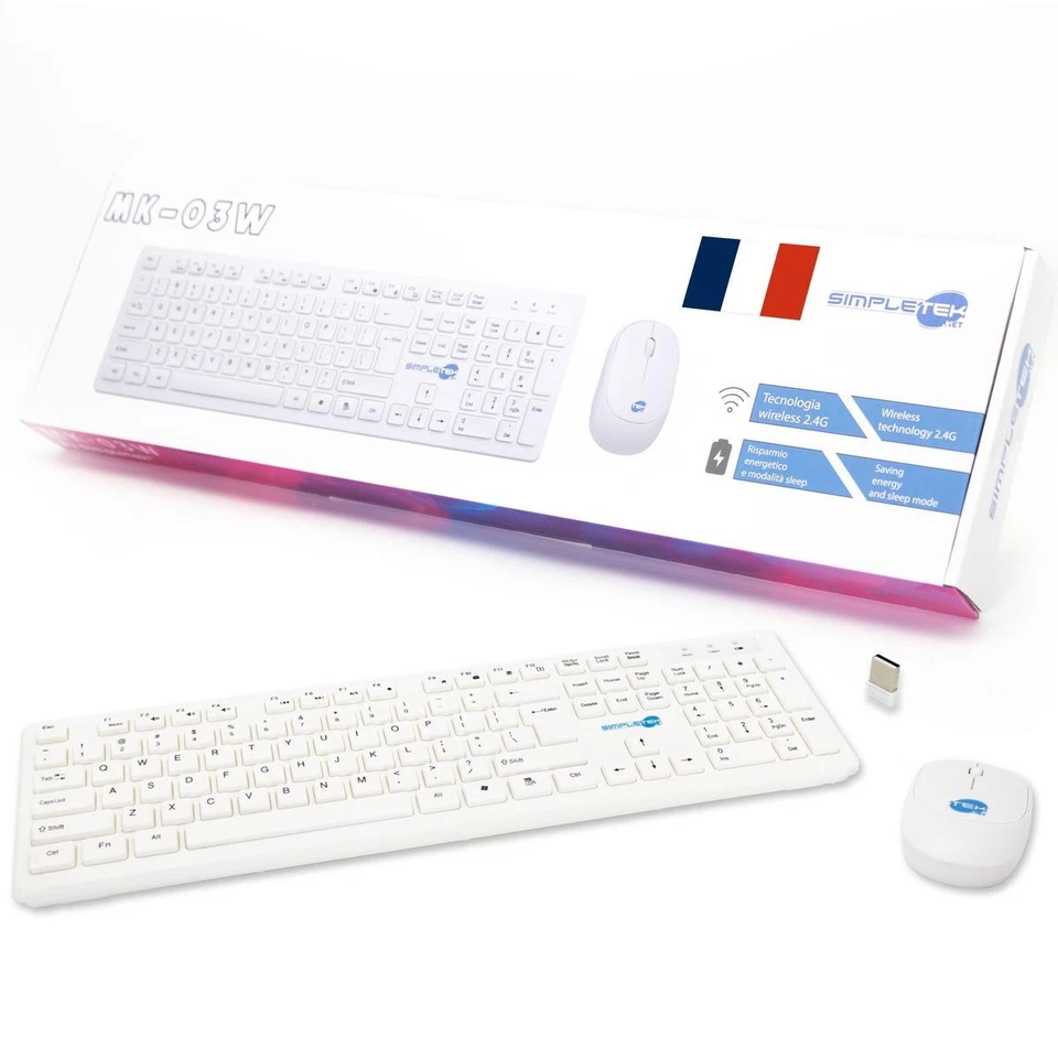 Wireless Mouse and Keyboard Kit French Layout White Set M&k Azerty - Image 1 of 4