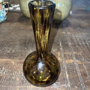 Vintage Amber Tortoise Shell Hand Blown Art Glass Bud Vase Floral 9" - Picture 1 of 8